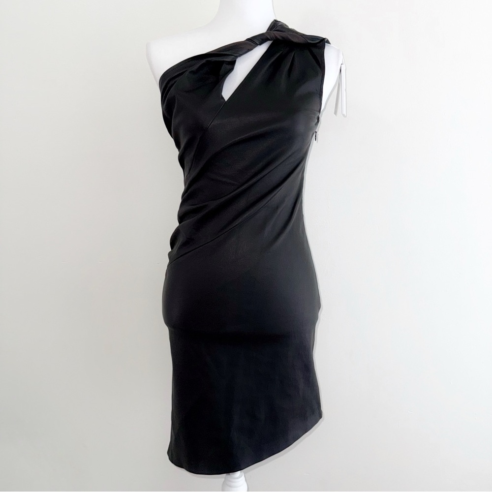 GIVENCHY BLACK LEATHER DRAPED ONE SHOULDER MINI DRESS